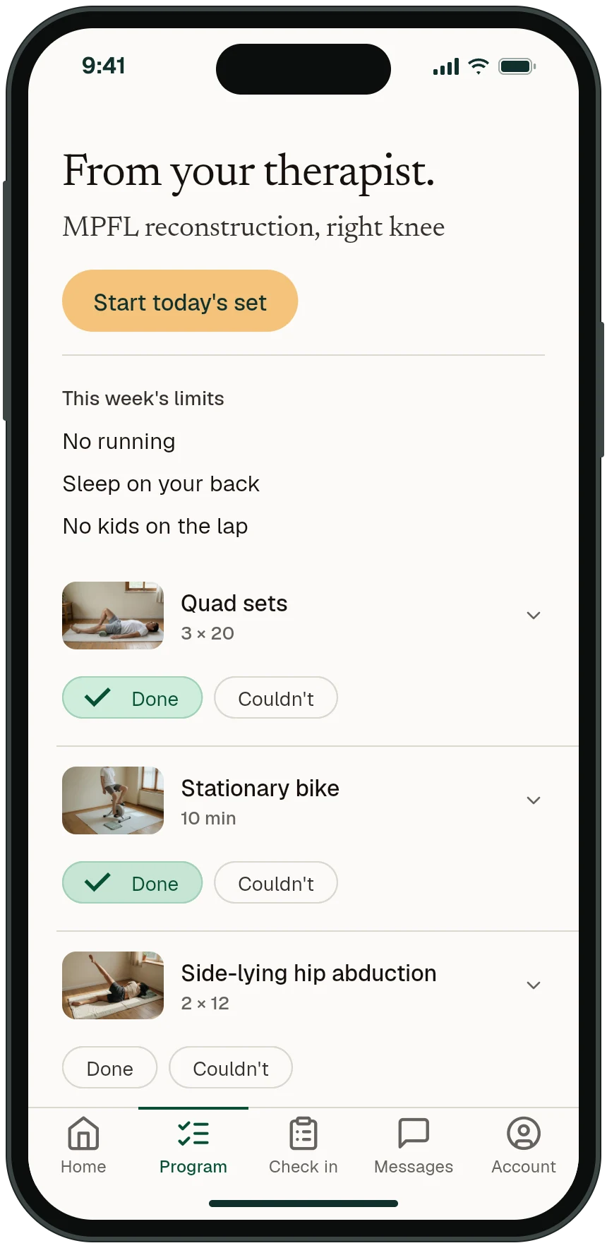 Patient app, Program: the exercises from the visit, with Quad sets and Stationary bike marked Done.